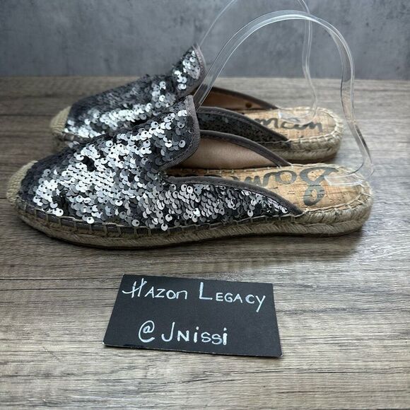 Sam Edelman~Women’s~”Kerry” Pewter Sequin Espadrille Slide Mules~Size 8.5 - Picture 1 of 9